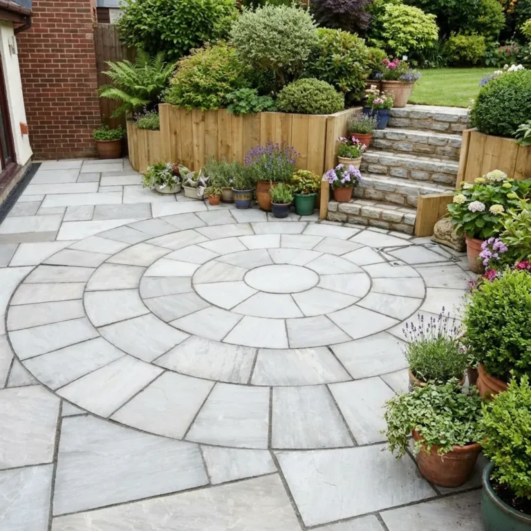 A garden patio features the Kandla Grey 4 Meter Circle 22mm Calibrated stone paving, encircled by potted plants and flowers. Steps lead to a raised area with more greenery and wooden planters in the background.