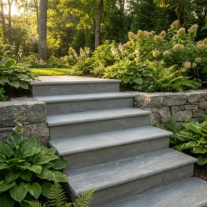 Kandla Grey Sandstone Bullnose Steps 900x350x35mm lead through a lush garden filled with green plants, blooming flowers, and low stone walls, surrounded by trees and warmed by sunlight.
