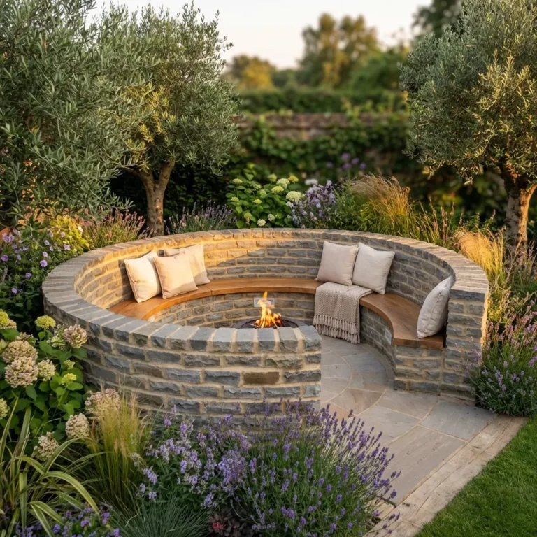 A cozy seating area features a Kandla Grey Walling curved stone bench with cushions and a blanket, surrounding a fire pit amid trees, lavender, and hydrangeas in a lush garden.