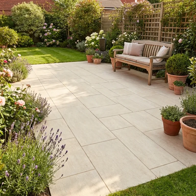 A neatly paved patio with Latte Outdoor Porcelain Paving Tiles (600mm x 900mm x 20mm), surrounded by potted and garden plants, featuring a wooden bench with cushions and a lush, well-maintained lawn in the background.