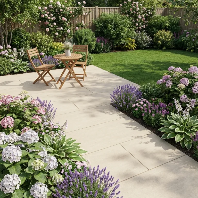 A garden patio with two wooden chairs and a small round table, set on Latte Outdoor Porcelain Paving Tiles (600mm x 900mm x 20mm), is surrounded by blooming hydrangeas, lavender, a neat lawn, and dense green shrubs.