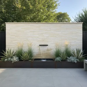 A modern backyard water feature features a rectangular wall clad in Mint Stone Splitface, with a metal spout and raised planter of ornamental grasses and succulents, set against black fencing and trees.