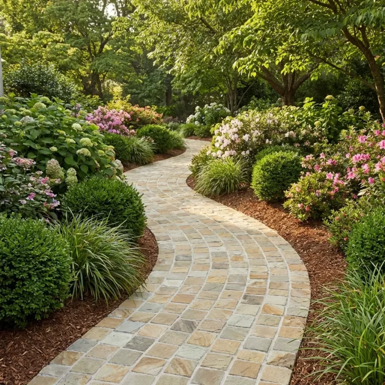 A pathway made of Fossil Mint Sandstone Cobble Setts (100mm x 100mm x 40/60mm) winds through a lush garden with green shrubs, blooming flowers, and trees, all softly lit by sunlight.