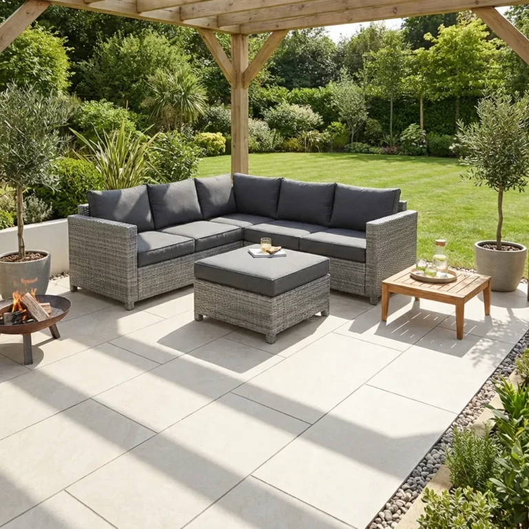 A modern patio featuring a gray wicker sectional sofa and ottoman, wooden coffee table with drinks, fire pit, and potted plants—all set on quartz white porcelain 600 x 900 tiles beneath a wooden pergola in a landscaped garden.