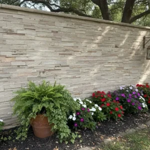 A Raj Green Stone Cladding wall with a mounted lantern stands behind a garden bed of colorful flowers, a potted fern, and ivy. Trees with leafy branches are seen beyond the wall.