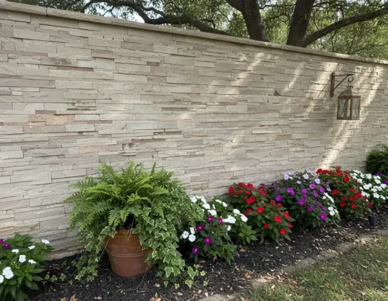 A Raj Green Stone Cladding wall with a mounted lantern stands behind a garden bed of colorful flowers, a potted fern, and ivy. Trees with leafy branches are seen beyond the wall.