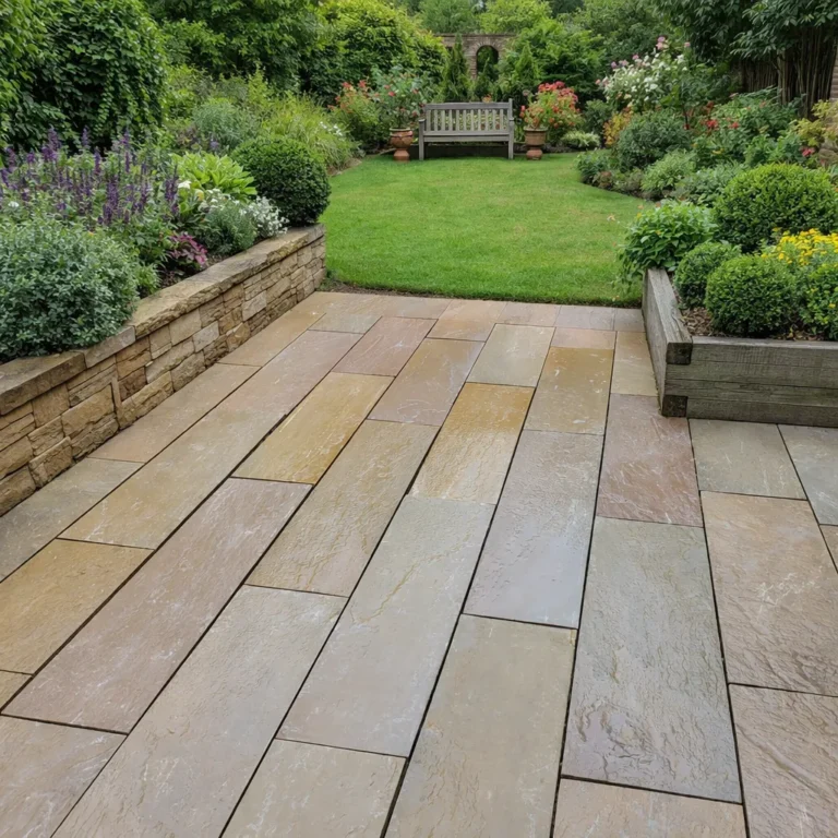 A patio made with Raj Green Indian Sandstone Paving Planks (riven, 900x200x22mm) leads to a lush garden of green grass, vibrant flowers, manicured bushes, a wooden bench, and leafy trees and plants.