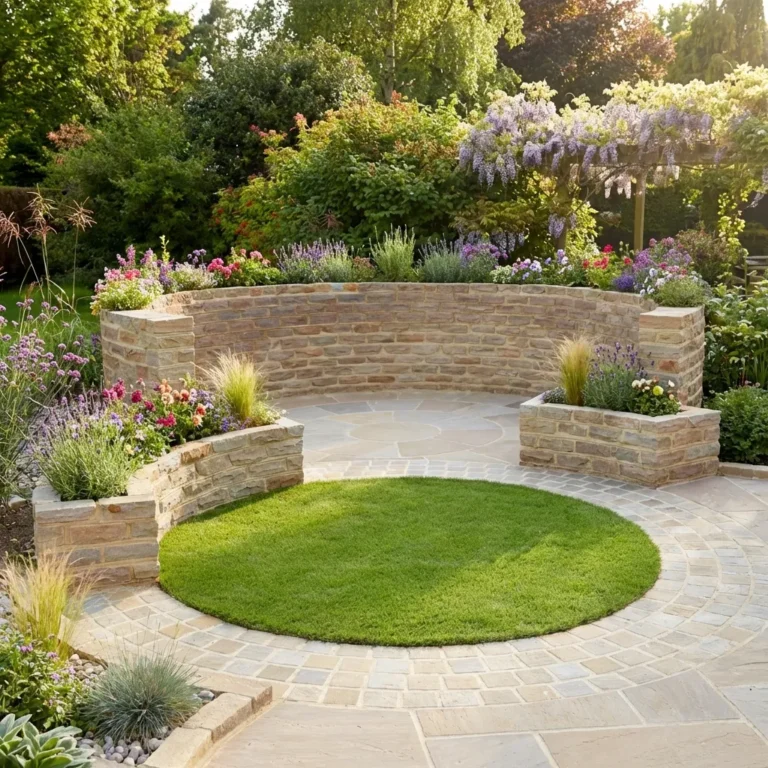 A circular patio with a central round lawn is edged by curved walls built from Raj Green Walling Bricks, featuring colorful flowers and surrounded by lush trees and shrubs in a vibrant garden setting.