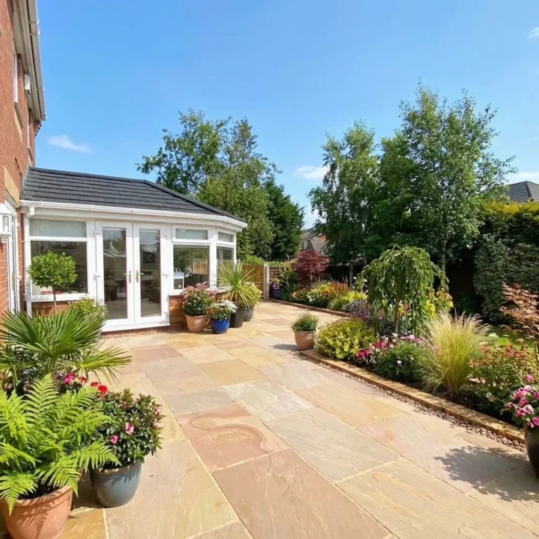 A sunny patio with potted plants and flowers features Raj Blend Indian Sandstone Paving Slabs (Riven, 18mm Calibrated, 600x900mm), leading to a lush garden with trees, shrubs, and vibrant flowerbeds under a clear blue sky.