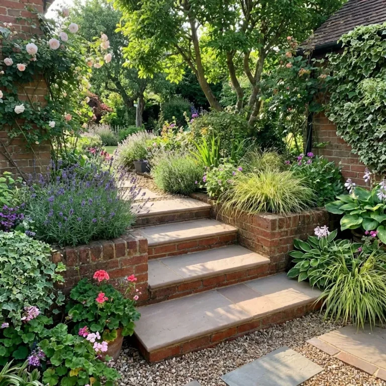 Raj Green Sandstone Bullnose Steps 900 x 350 x 40mm create a peaceful and inviting outdoor space, bordered by lush plants and colorful flowers, leading up through a garden with brick walls and trees on a sunny day.