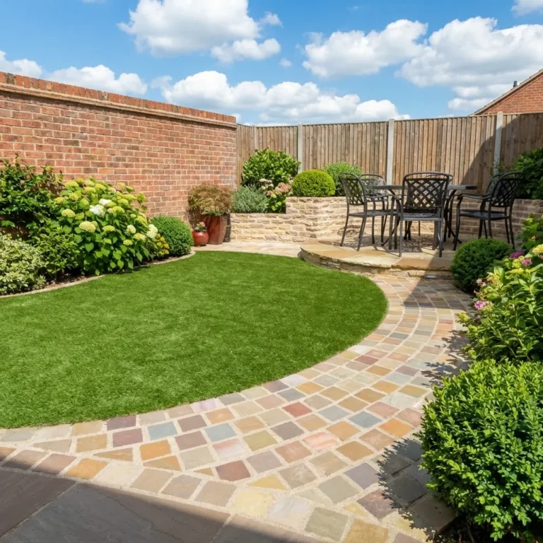 A neatly landscaped backyard features a small lawn, flower beds, and a raised patio with seating, plus a curved pathway made from Raj Green Cobble Setts 100mm x 100mm x 25-35mm, all bordered by brick and wooden fences under a blue sky.