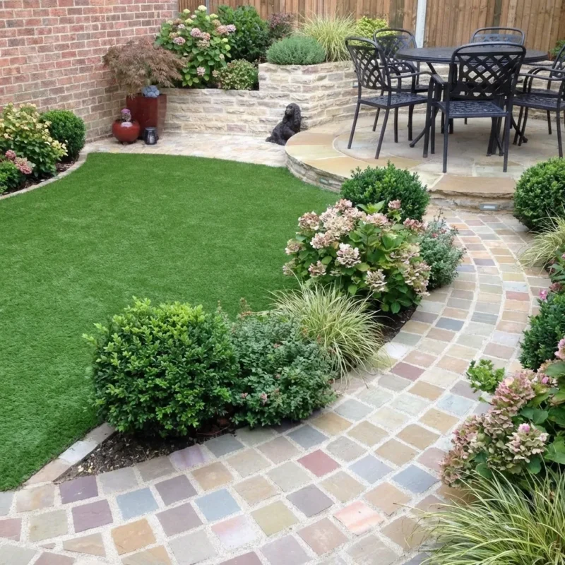 A landscaped backyard features a curved path of Raj green sandstone cobbles 100mm x 100mm, manicured shrubs, blooming flowers, artificial grass, a patio with a metal dining set, and a small black dog sitting near a raised flower bed.