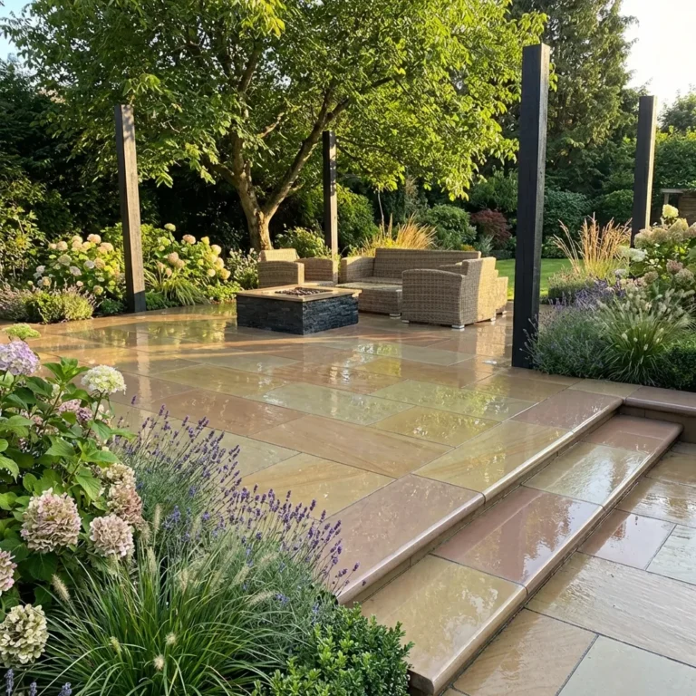 A patio featuring Raj Green Honed Sandstone Bullnose Steps (900mm x 350mm x 35mm), wicker outdoor furniture, a black coffee table, and blooming flower beds. Surrounded by trees and greenery, it creates a peaceful garden ambiance.