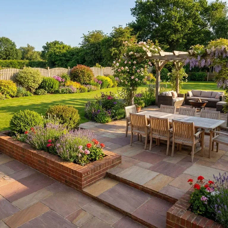 A landscaped garden patio features Raveena Sandstone Paving Slabs (22mm Calibrated, Mixed Size), a wooden outdoor dining set under a pergola, cushioned seats, colorful flower beds, and a lush lawn surrounded by trees.