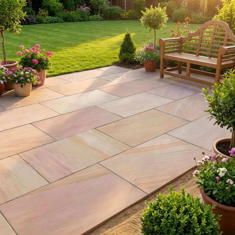 A sunlit patio features large Raveena Porcelain Paving Tiles (600mm x 900mm), potted flowering plants, a wooden bench, and a neat green lawn bordered by shrubs and trees in the background.