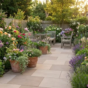 A sunlit garden patio features Raj Green Outdoor Porcelain Paving Tiles (600mm x 900mm x 20mm), with wooden benches and chairs, blooming roses, lavender, hydrangeas in pots and beds, plus trees and a wooden fence in the background.