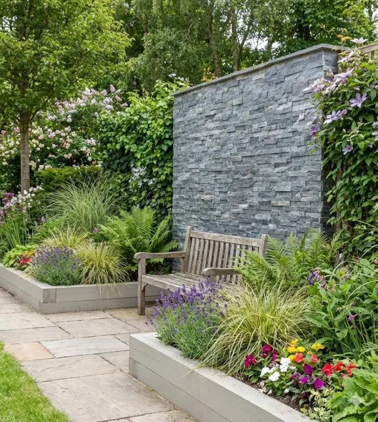 A wooden bench sits on a stone patio beside vibrant flower beds. Behind the bench, a tall feature wall clad in Silver Shine Cladding is surrounded by lush green foliage and climbing plants.