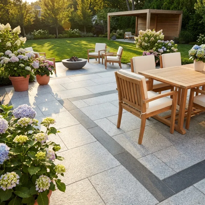 A sunny backyard silver granite patio in 600mm x 900mm sizes, with wooden dining chairs and table, potted hydrangeas, cushioned lounge chairs, a fire pit, and a wooden pergola in the background, surrounded by green lawn and trees.