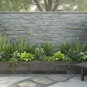 Modern garden featuring a raised wooden planter with green plants and white flowers, set against Zeera Green Stone Cladding, flanked by potted trees and a stone path in front.