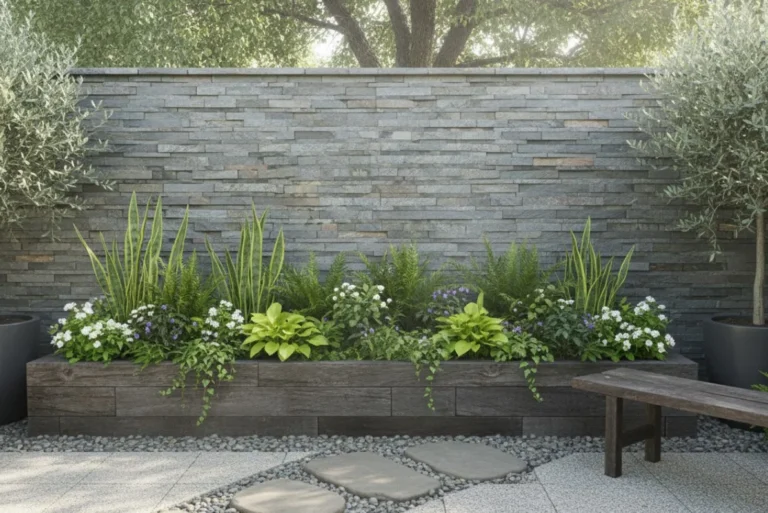 Modern garden featuring a raised wooden planter with green plants and white flowers, set against Zeera Green Stone Cladding, flanked by potted trees and a stone path in front.