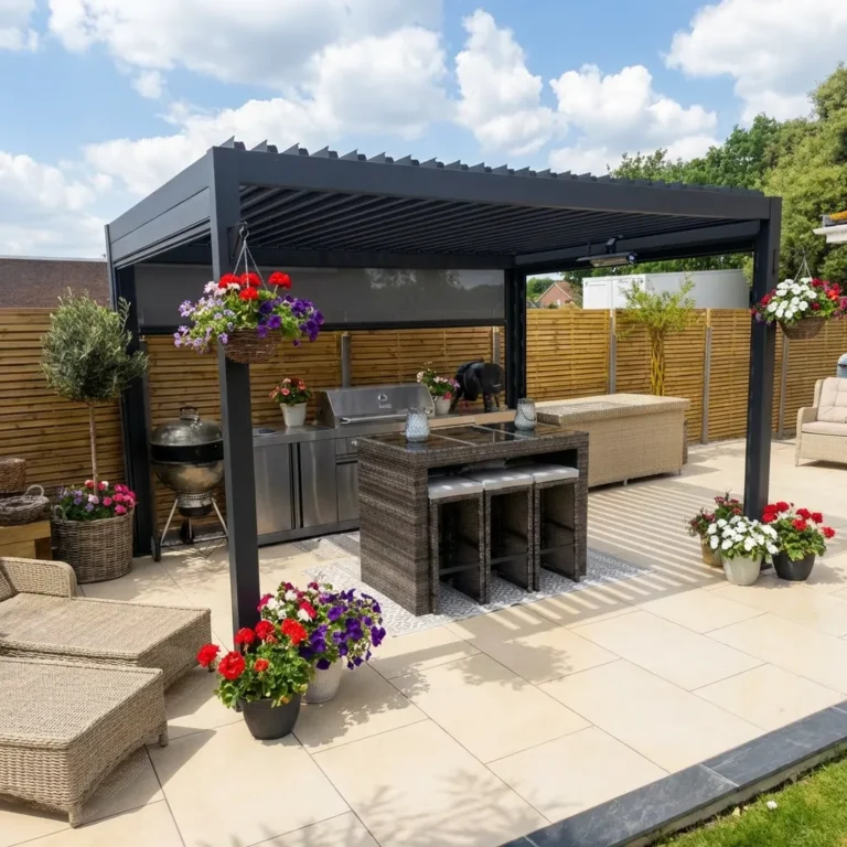 A modern outdoor patio with a black pergola, wicker furniture, a stainless steel grill, bar stools, and hanging flower baskets. Potted flowers and a wooden privacy fence complete the space under a partly cloudy sky.