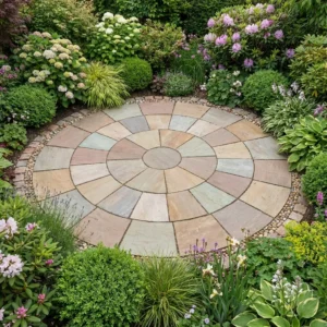 The Autumn Brown Sandstone 2.4 Meter Circle (22mm Calibrated) creates a circular patio with concentric rings of pavers, beautifully set in a garden bordered by lush shrubs, colorful bushes, and vibrant plants.