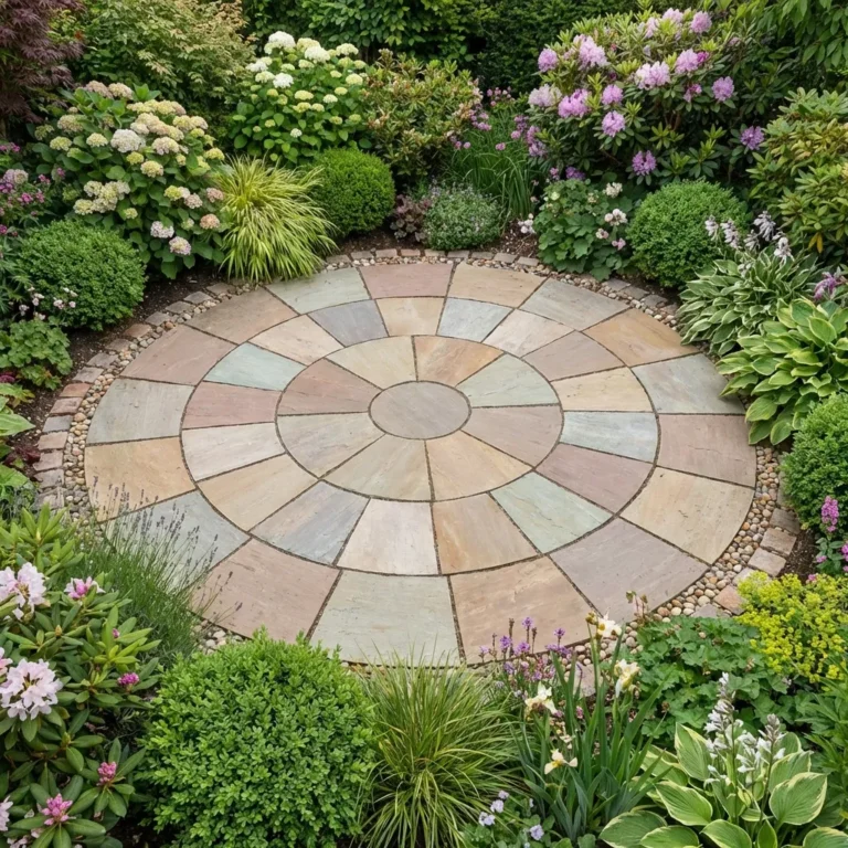 The Autumn Brown Sandstone 2.4 Meter Circle (22mm Calibrated) creates a circular patio with concentric rings of pavers, beautifully set in a garden bordered by lush shrubs, colorful bushes, and vibrant plants.