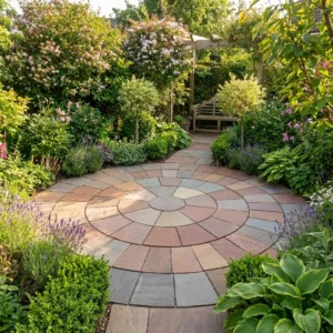 An Autumn Brown Sandstone 4 Meter Circle patio (22mm calibrated) is surrounded by lush plants, flowering bushes, and manicured shrubs, with a wooden bench under a pergola in the background. Sunlight illuminates the vibrant garden.