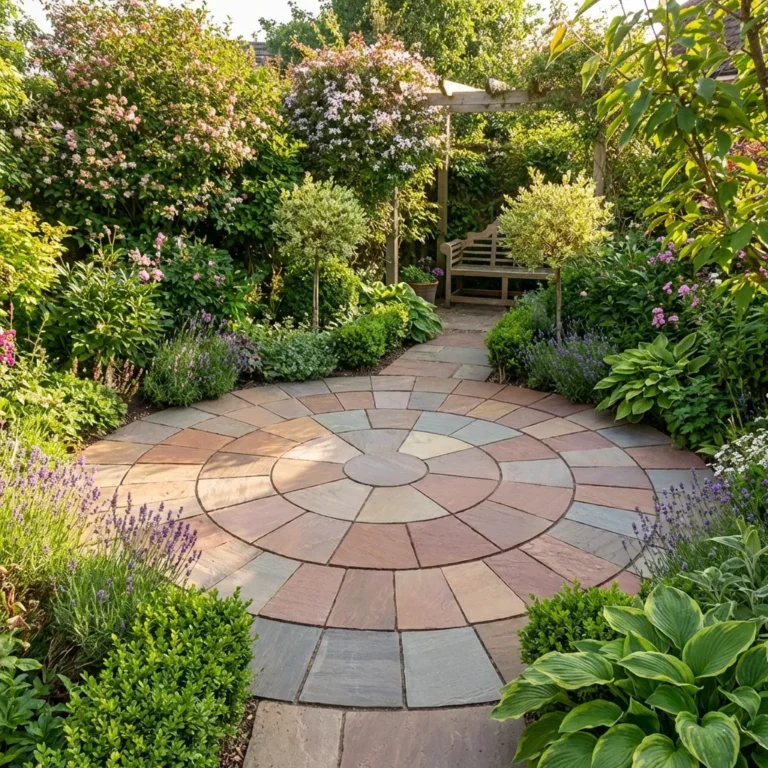An Autumn Brown Sandstone 4 Meter Circle patio (22mm calibrated) is surrounded by lush plants, flowering bushes, and manicured shrubs, with a wooden bench under a pergola in the background. Sunlight illuminates the vibrant garden.