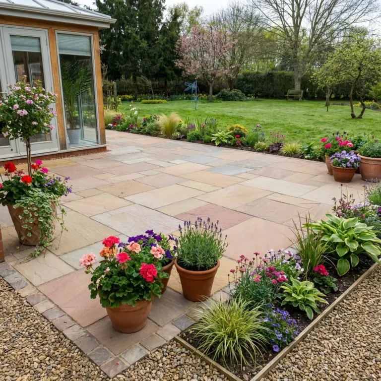 A garden stone patio with Autumn Brown Indian Sandstone Paving Slabs (Riven, 18mm Calibrated, Mixed Size Patio Pack) features potted plants and bordered flowerbeds, surrounded by colorful blooms, shrubs, a green lawn, and trees.