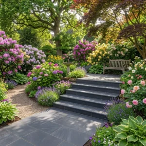 Stone steps made from Black Anthracite Porcelain Bullnose Steps (900mm x 295mm x 20mm) wind through a lush, colorful garden filled with blooming flowers and greenery, leading to a peaceful wooden bench shaded by trees.