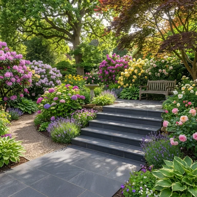 Stone steps made from Black Anthracite Porcelain Bullnose Steps (900mm x 295mm x 20mm) wind through a lush, colorful garden filled with blooming flowers and greenery, leading to a peaceful wooden bench shaded by trees.