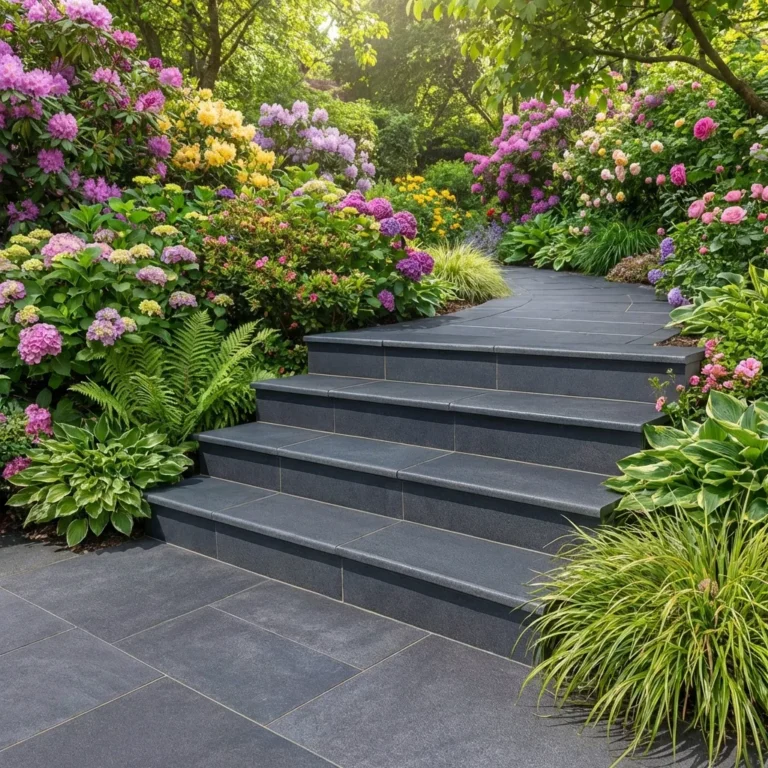 Black Anthracite Porcelain Bullnose Steps (900x350x35mm) bordered by hydrangeas, ferns, and vibrant greenery lead through a colorful garden beneath sunlit trees.