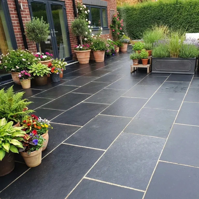 A modern patio features Black Limestone Sawn Edge - 22mm Calibrated 600mm x 900mm tiles, surrounded by potted plants and flowers, beside a brick house with glass doors and a green hedge in the background.