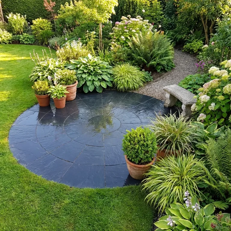 A Black Limestone 3 Meter Circle patio (22mm Calibrated) is surrounded by potted plants, lush shrubs, colorful flowers, a stone bench, and a gravel path winding through the well-maintained garden.