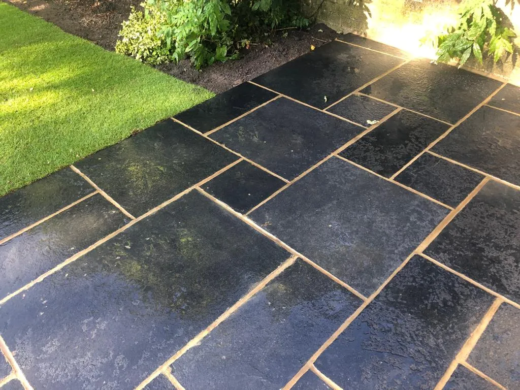 Wet black stone patio with irregular rectangular tiles, bordered by a small patch of lush green grass and leafy shrubs in the background, under natural daylight.