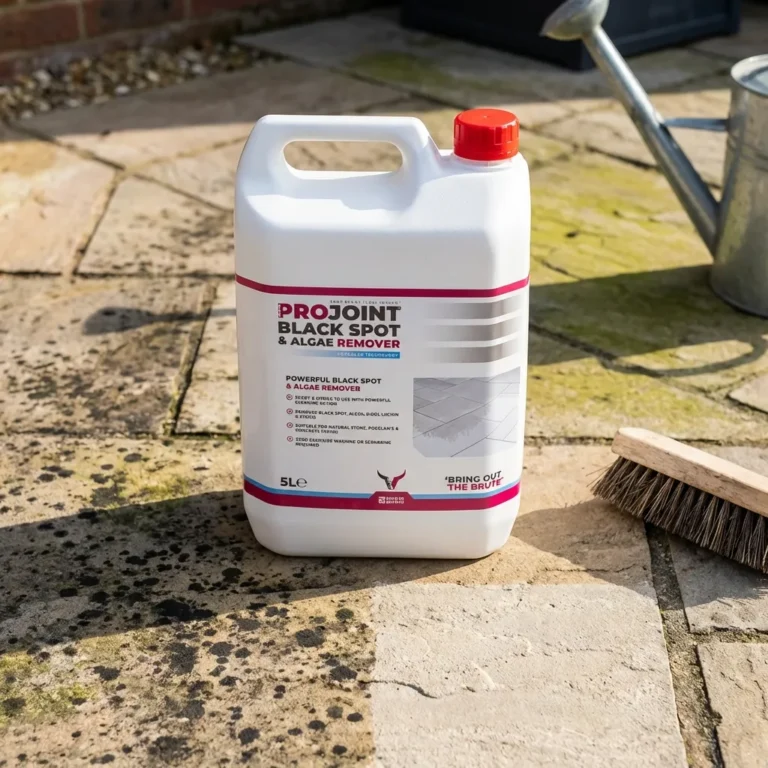 A 5-liter ProJoint Black Spot & Algae Remover with a red cap and white label stands on a sunlit stone patio beside a broom and watering can, displaying cleaning instructions.