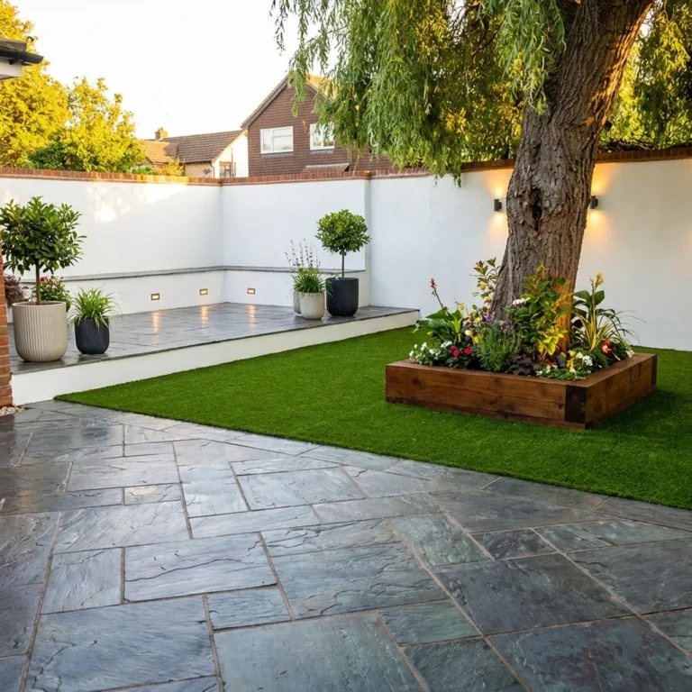 A modern backyard features a patio made with Blue/Black Indian Slate - 20mm Calibrated Mixed Size, artificial grass, raised wooden flower bed around a tree, potted plants, and white walls with built-in lights for a clean look.