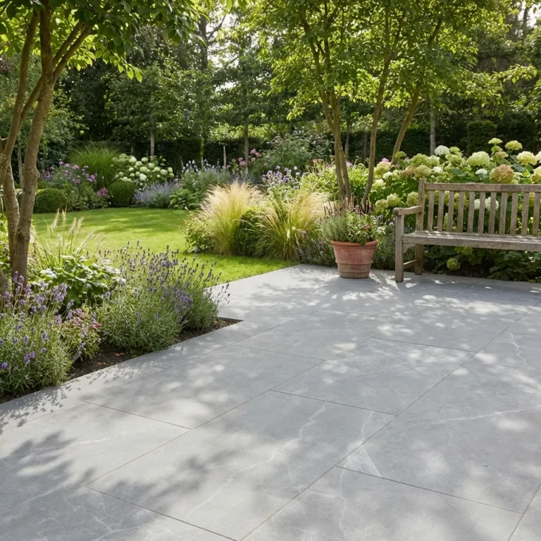 A stone patio with a wooden bench and potted plant overlooks a lush garden with green grass, flowering plants, and trees under soft daylight.