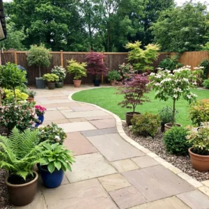 A neatly landscaped garden featuring Camel Buff Indian Sandstone Paving Slabs curving through potted plants, small trees, and blooming shrubs. The grass lawn and wooden fence are bordered by lush greenery and flowers.