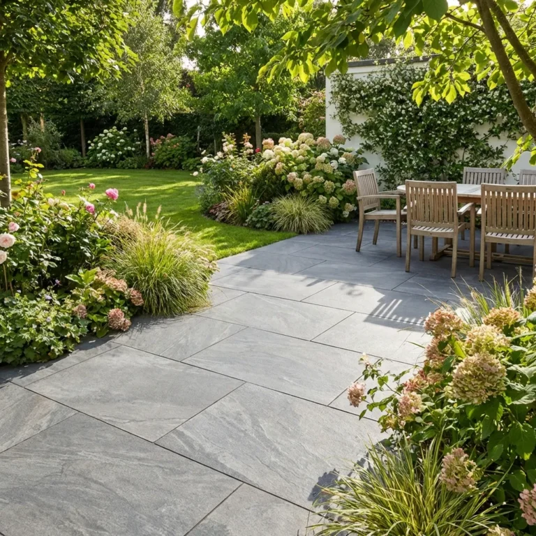 A patio with county gris porcelain 600 x 900 tiles features a wooden outdoor dining set. The area is surrounded by lush green plants, flowers, and trees, creating a tranquil garden setting on a sunny day.