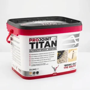 A rectangular plastic tub of Nexus Titan 2 Part Epoxy Resin Jointing Compound (Basalt), featuring a white body, red and black lid, red handle, printed product details and images on the label, and a weight of 22.5 kg.