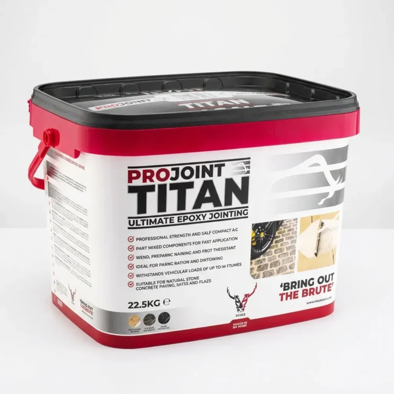 A rectangular plastic tub of Nexus Titan 2 Part Epoxy Resin Jointing Compound (Basalt), featuring a white body, red and black lid, red handle, printed product details and images on the label, and a weight of 22.5 kg.