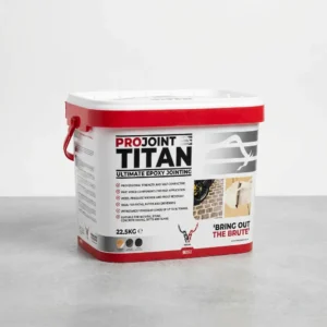 A rectangular white tub with a red lid labeled Nexus Titan 2 Part Epoxy Resin Jointing Compound Colour Neutral sits on a gray surface, displaying product details, graphics, and the slogan “Bring Out The Brute.”.