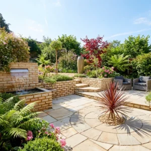 A landscaped garden featuring Fossil Mint Sandstone walling bricks, stone paving, raised brick flower beds, a water feature, a red-leaved plant in a circular planter, colorful flowers, and outdoor seating under a blue sky.