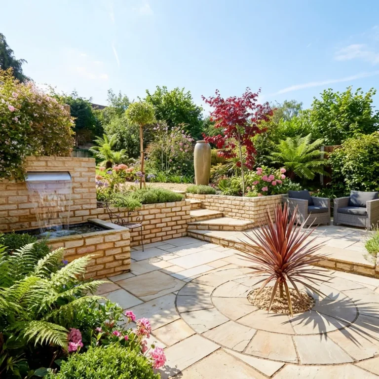 A landscaped garden featuring Fossil Mint Sandstone walling bricks, stone paving, raised brick flower beds, a water feature, a red-leaved plant in a circular planter, colorful flowers, and outdoor seating under a blue sky.