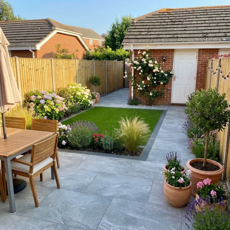 A neatly landscaped backyard features Earthcore Grey Outdoor Porcelain Paving Tiles (600x900mm), a small green lawn, flower beds, potted plants, a wooden patio table with chairs, a brick shed with a white door, and is enclosed by a wooden fence.