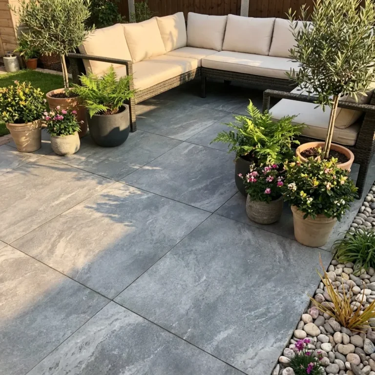 A stylish patio features Earthcore Grey Outdoor Porcelain Paving Tiles (600mm x 600mm), a cream cushioned sectional sofa, potted plants, and a pebble-lined garden, creating a bright and inviting outdoor space.