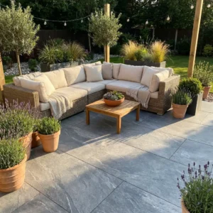 Outdoor patio paved with Earthcore Grey Outdoor Porcelain Paving Tiles (1200x600x20mm) features a wicker sectional sofa with beige cushions, wooden coffee table, potted plants, terracotta pots, string lights, and a garden view.