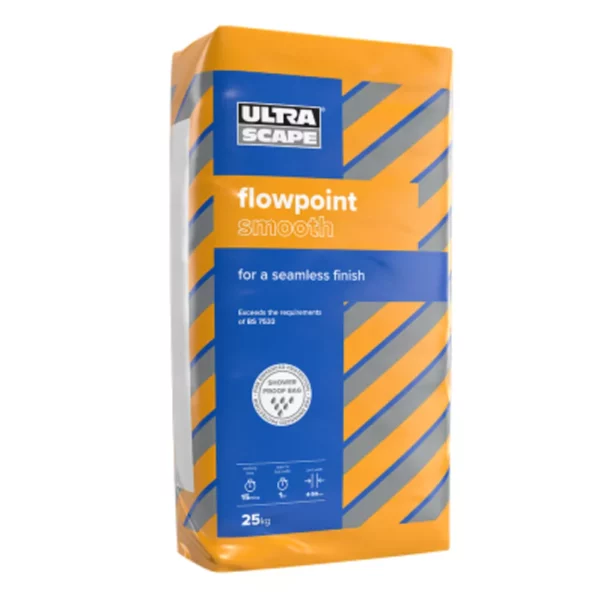 The image depicts a 25 kg bag of Ultra Scape Flowpoint SMOOTH Grout in Natural Grey, designed for seamless finishes. The orange and gray packaging features diagonal stripes along with compliance and usage details.